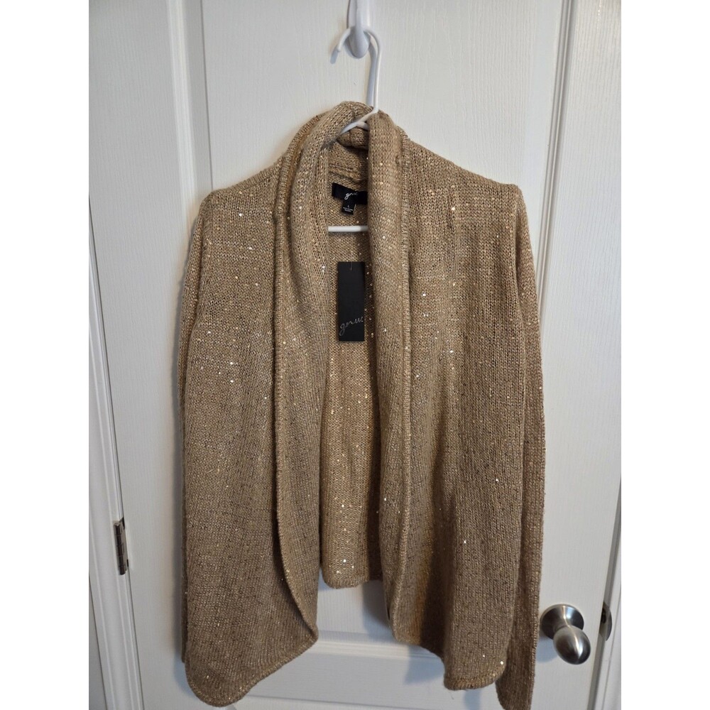 gnw Gold Glitter Open Front Cardigan Sweater Knit Long Sleeve Women's L